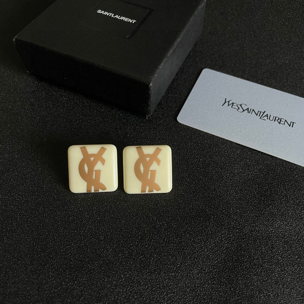 Saint Laurent Cream Square Gold-Tone Monogram Stud Earrings - album image 5
