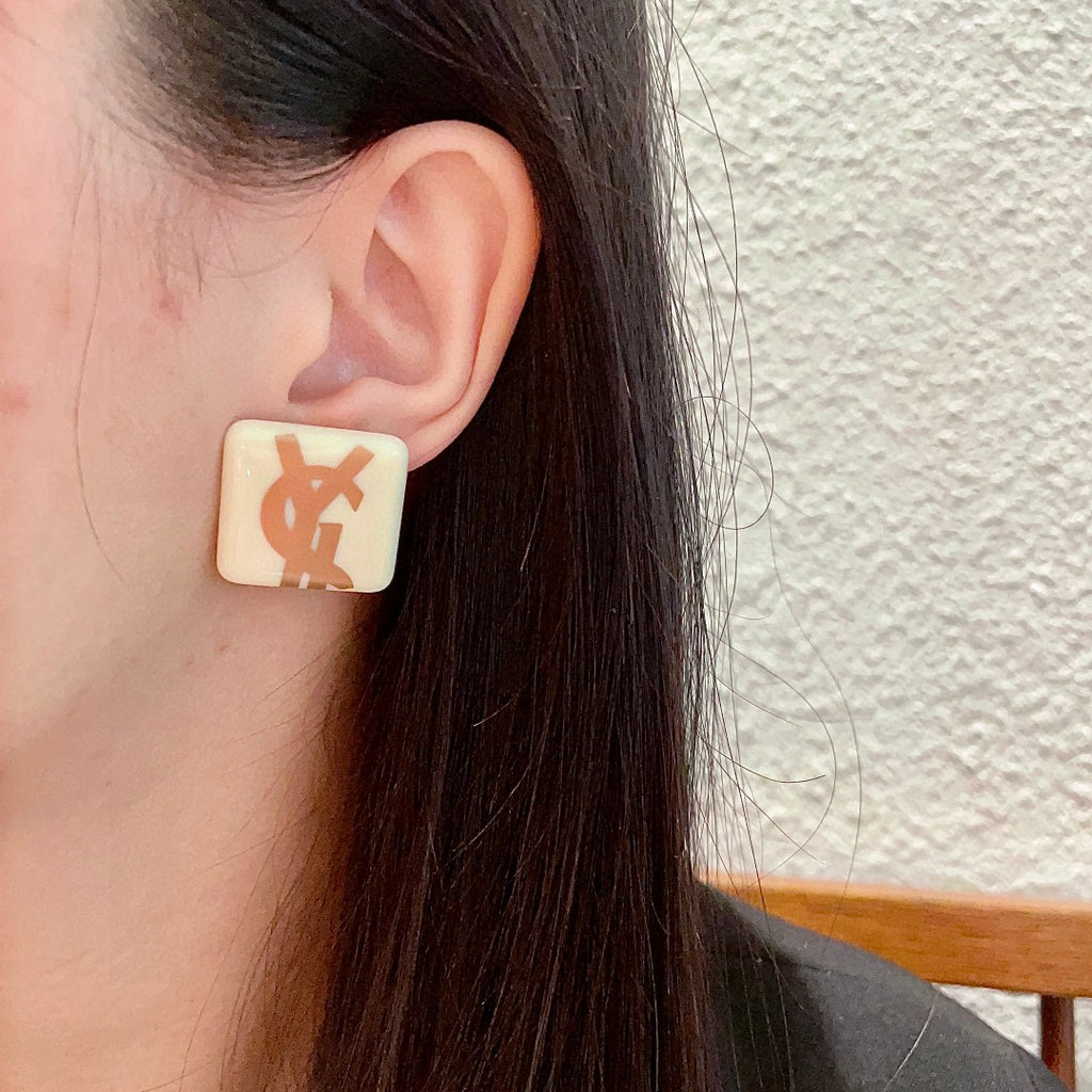 Saint Laurent Cream Square Gold-Tone Monogram Stud Earrings - album image 3