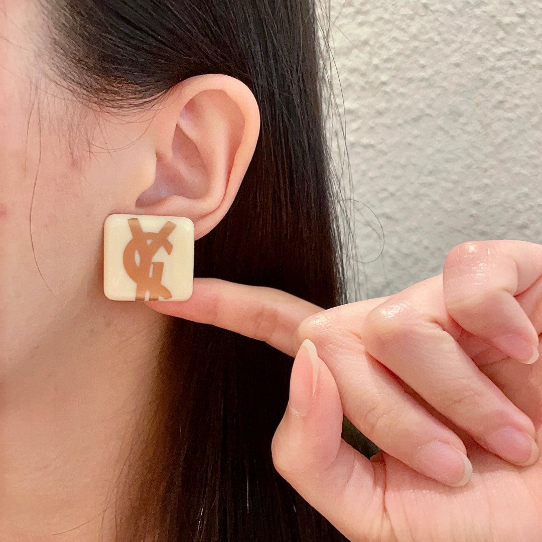 Saint Laurent Cream Square Gold-Tone Monogram Stud Earrings - album image 2