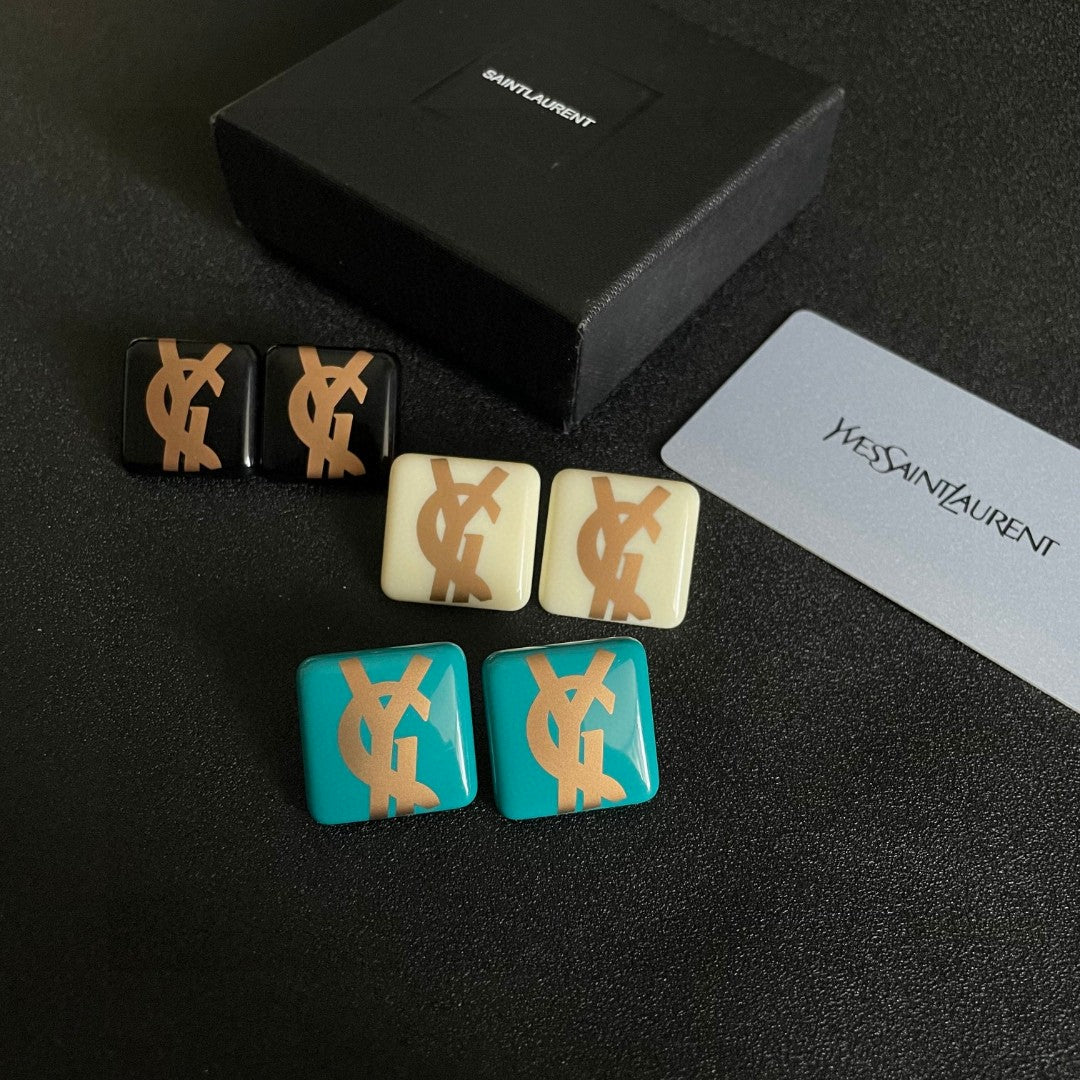 Saint Laurent Cream Square Gold-Tone Monogram Stud Earrings - album image 10
