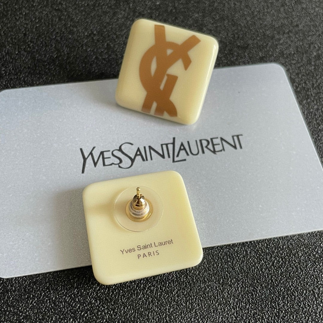 Saint Laurent Cream Square Gold-Tone Monogram Stud Earrings - album image 7