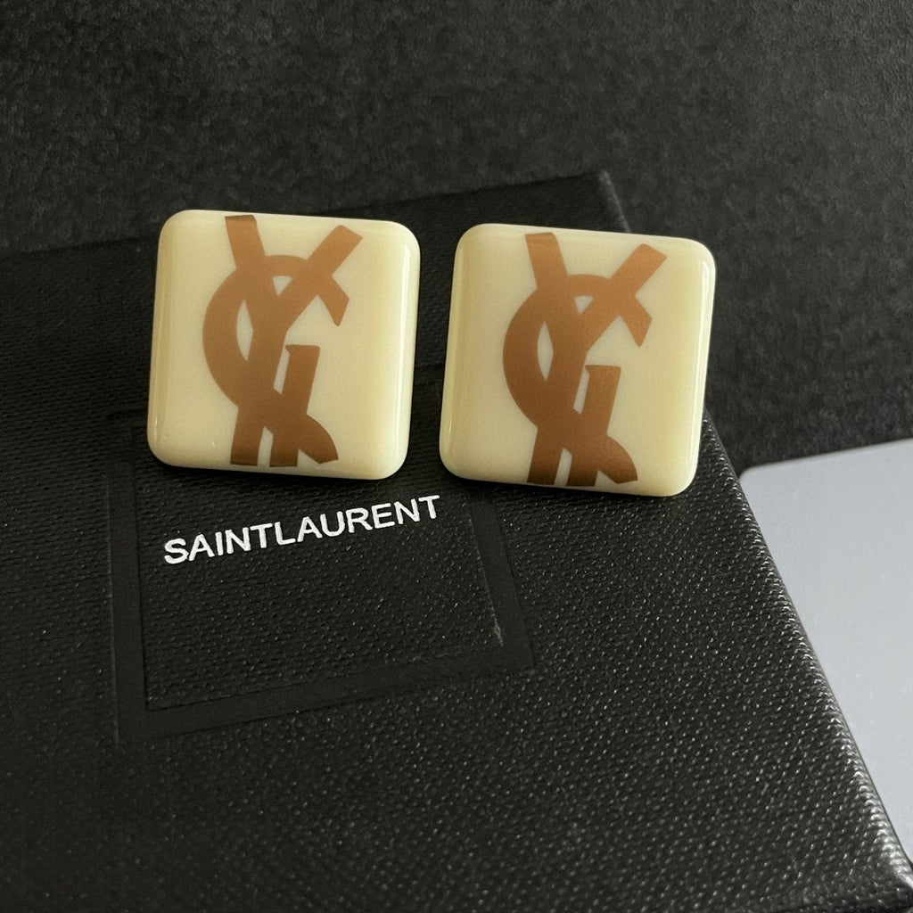 Saint Laurent Cream Square Gold-Tone Monogram Stud Earrings - album image 9