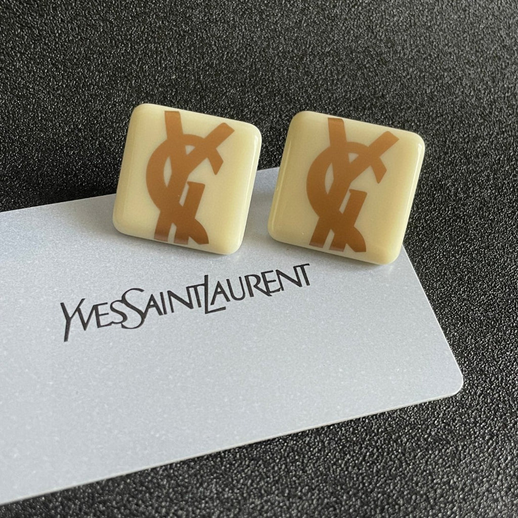 Saint Laurent Cream Square Gold-Tone Monogram Stud Earrings - album image 8