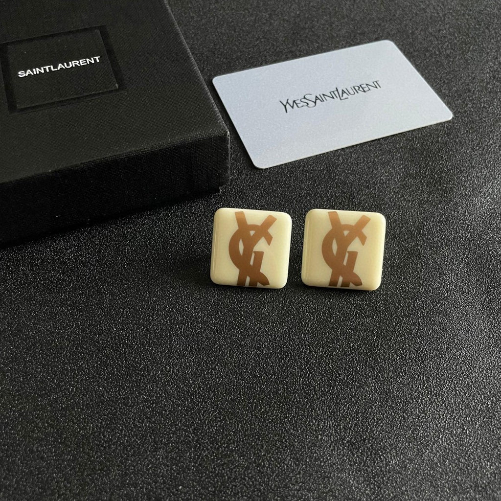 Saint Laurent Cream Square Gold-Tone Monogram Stud Earrings - album image 6