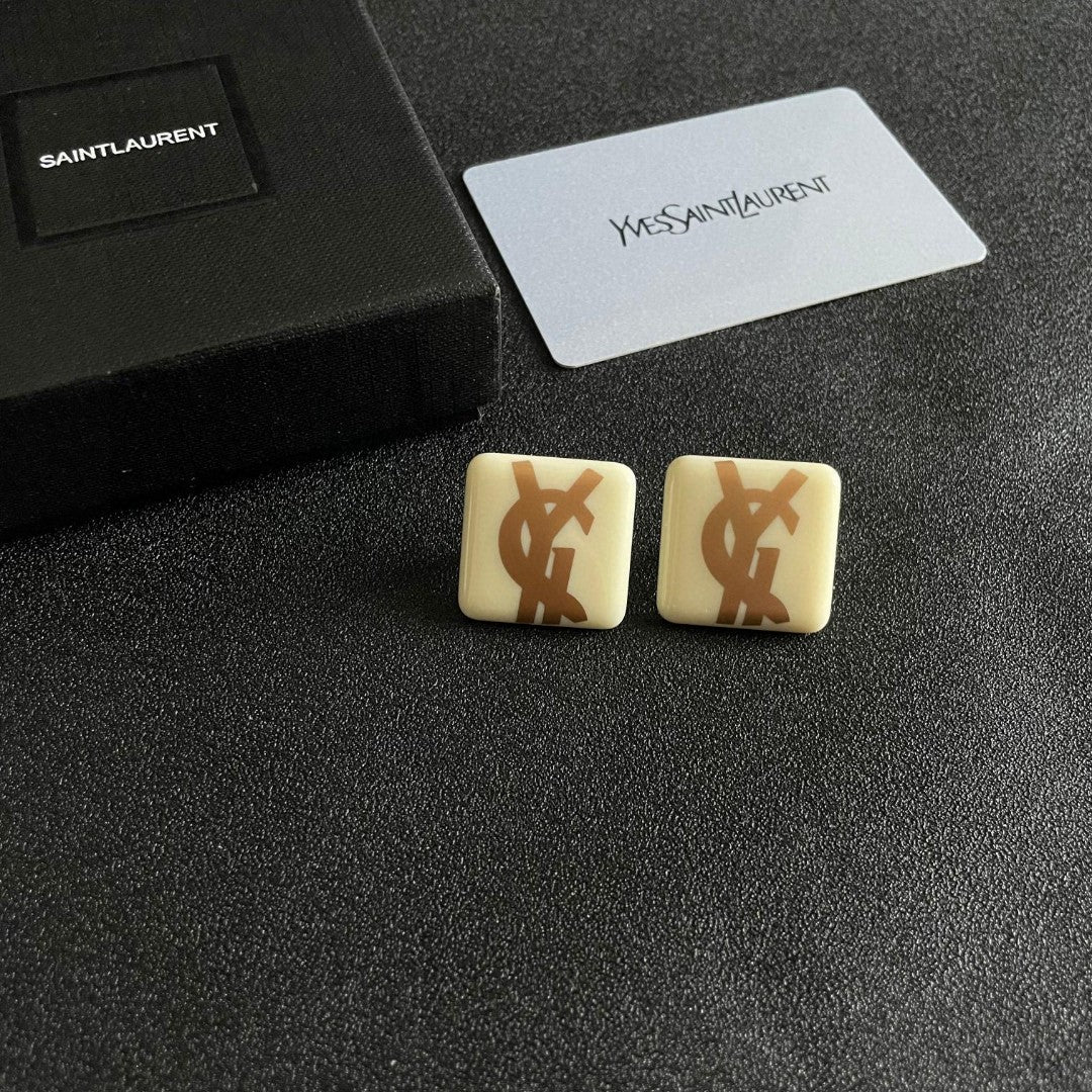 Saint Laurent Cream Square Gold-Tone Monogram Stud Earrings - album image 6