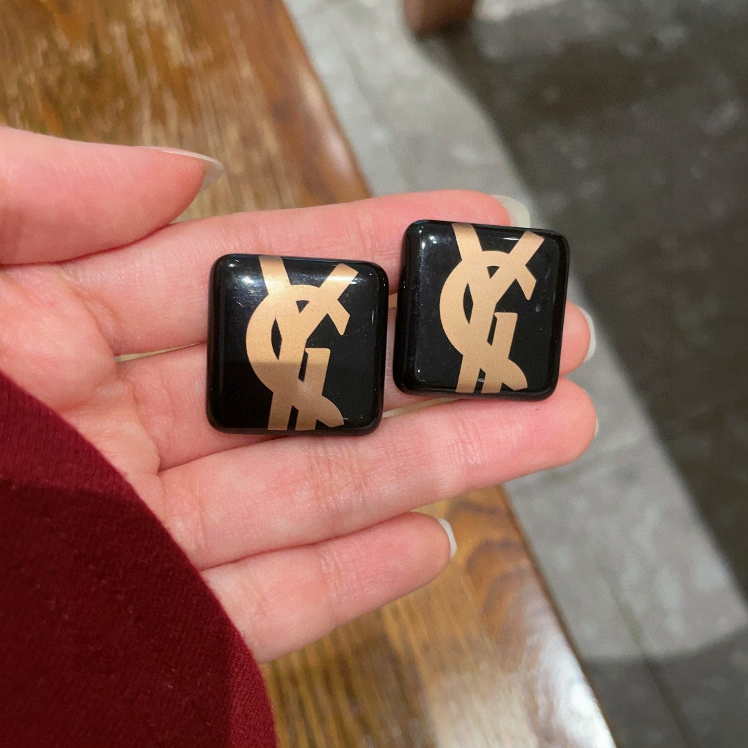 Saint Laurent Black Square Gold-Tone Monogram Stud Earrings - album image 4