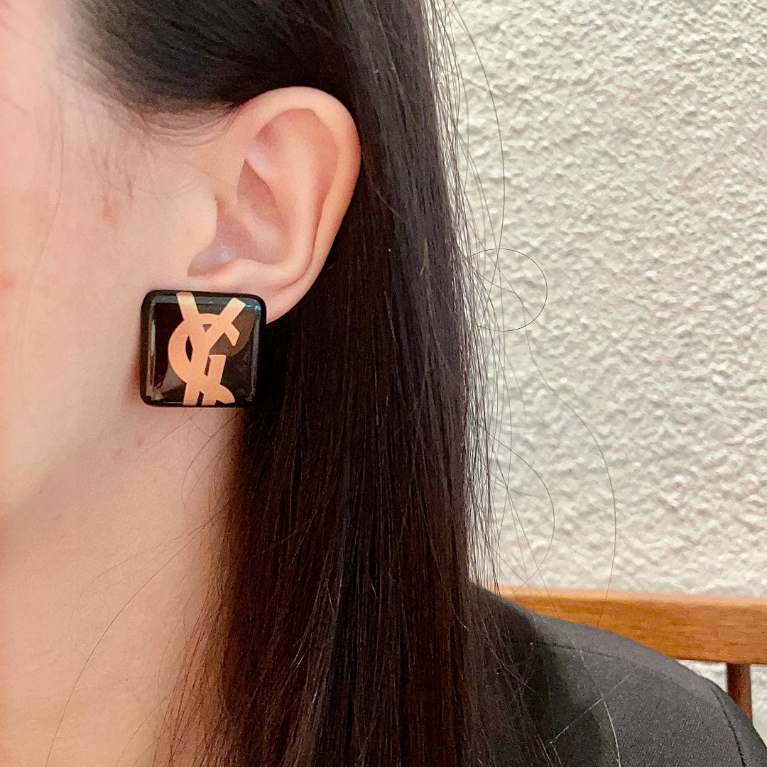 Saint Laurent Black Square Gold-Tone Monogram Stud Earrings - album image 3