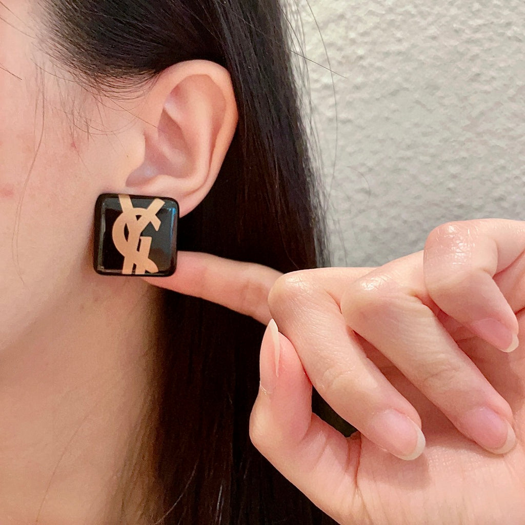 Saint Laurent Black Square Gold-Tone Monogram Stud Earrings - album image 2