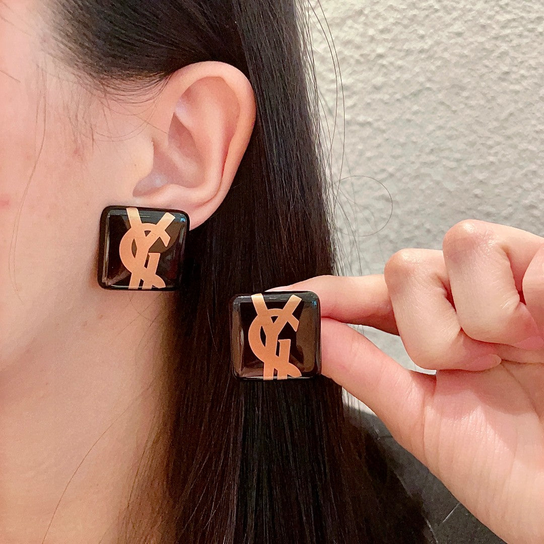 Saint Laurent Black Square Gold-Tone Monogram Stud Earrings - album image 1