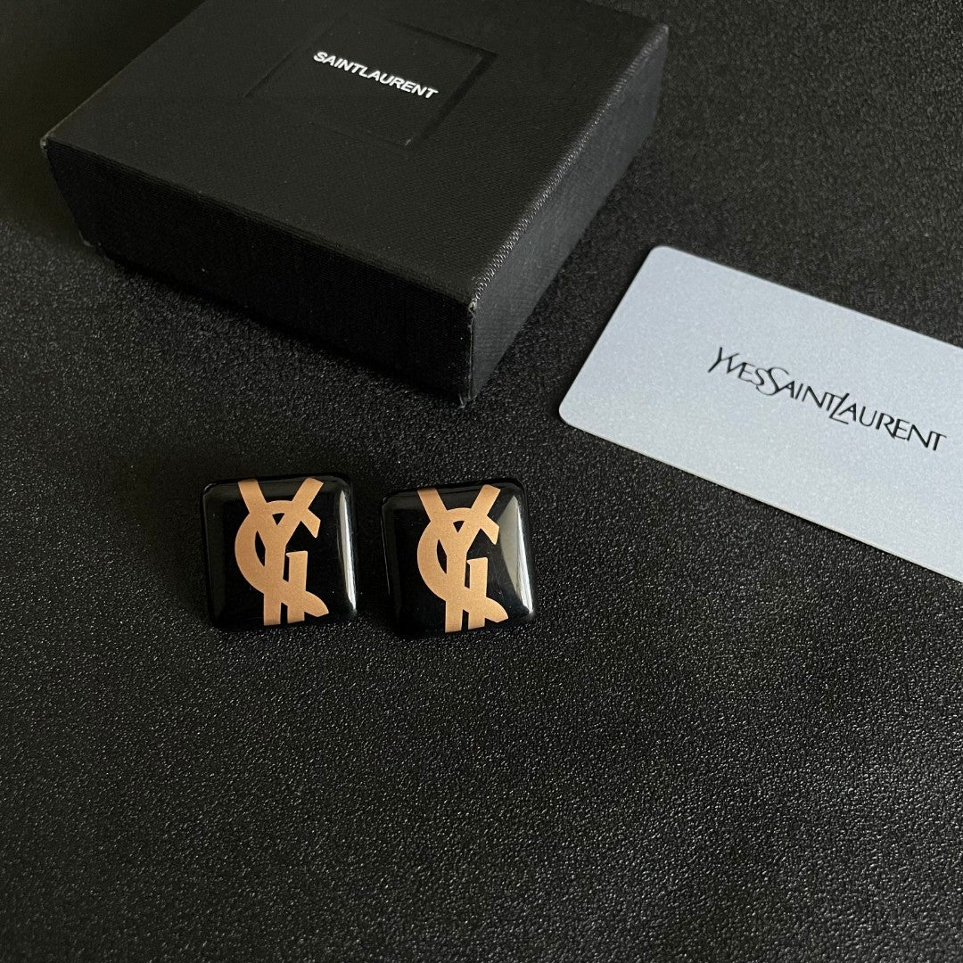 Saint Laurent Black Square Gold-Tone Monogram Stud Earrings - album image 5