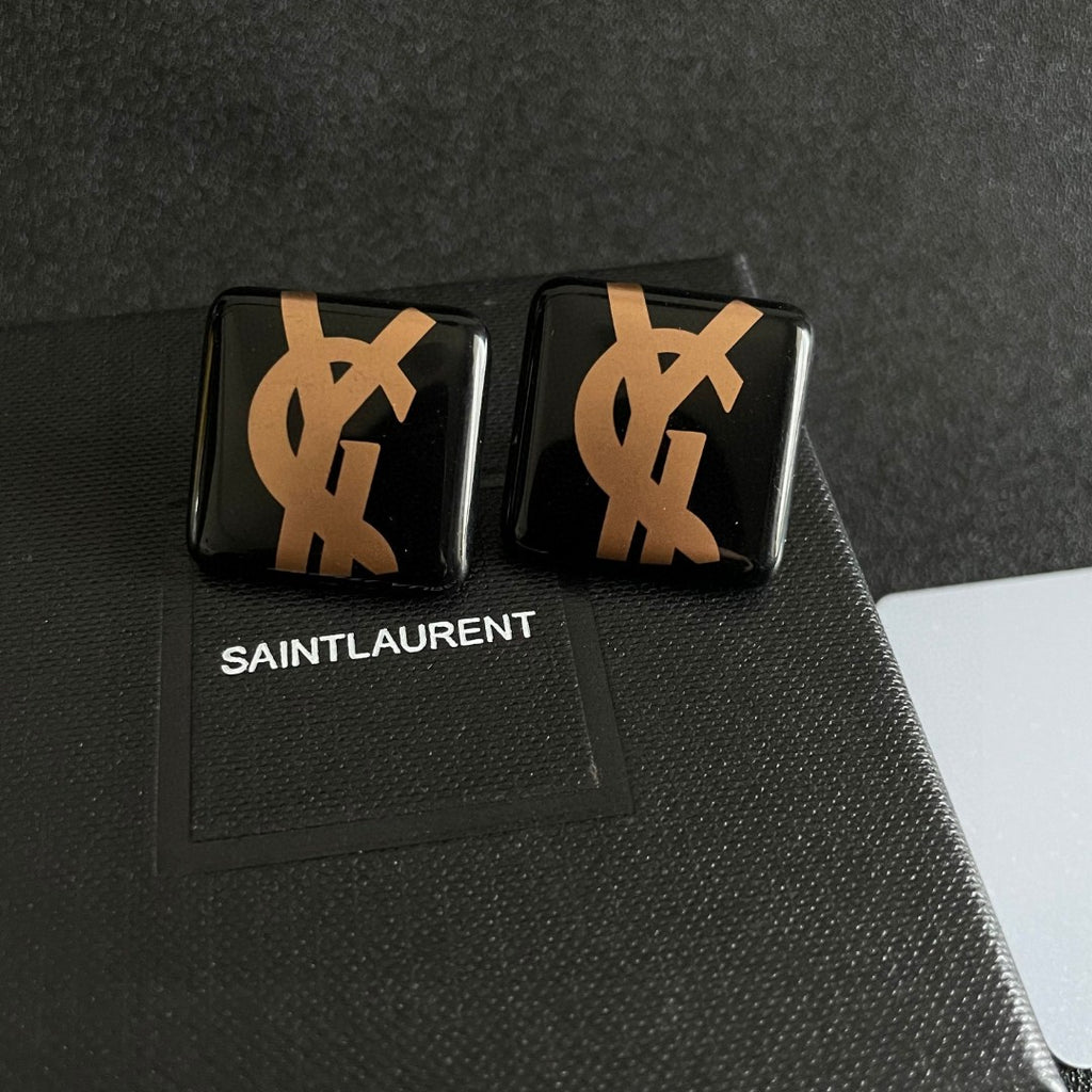 Saint Laurent Black Square Gold-Tone Monogram Stud Earrings - album image 9