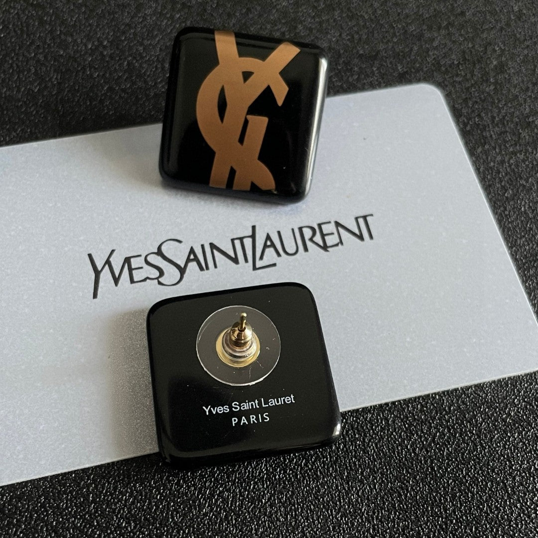 Saint Laurent Black Square Gold-Tone Monogram Stud Earrings - album image 7