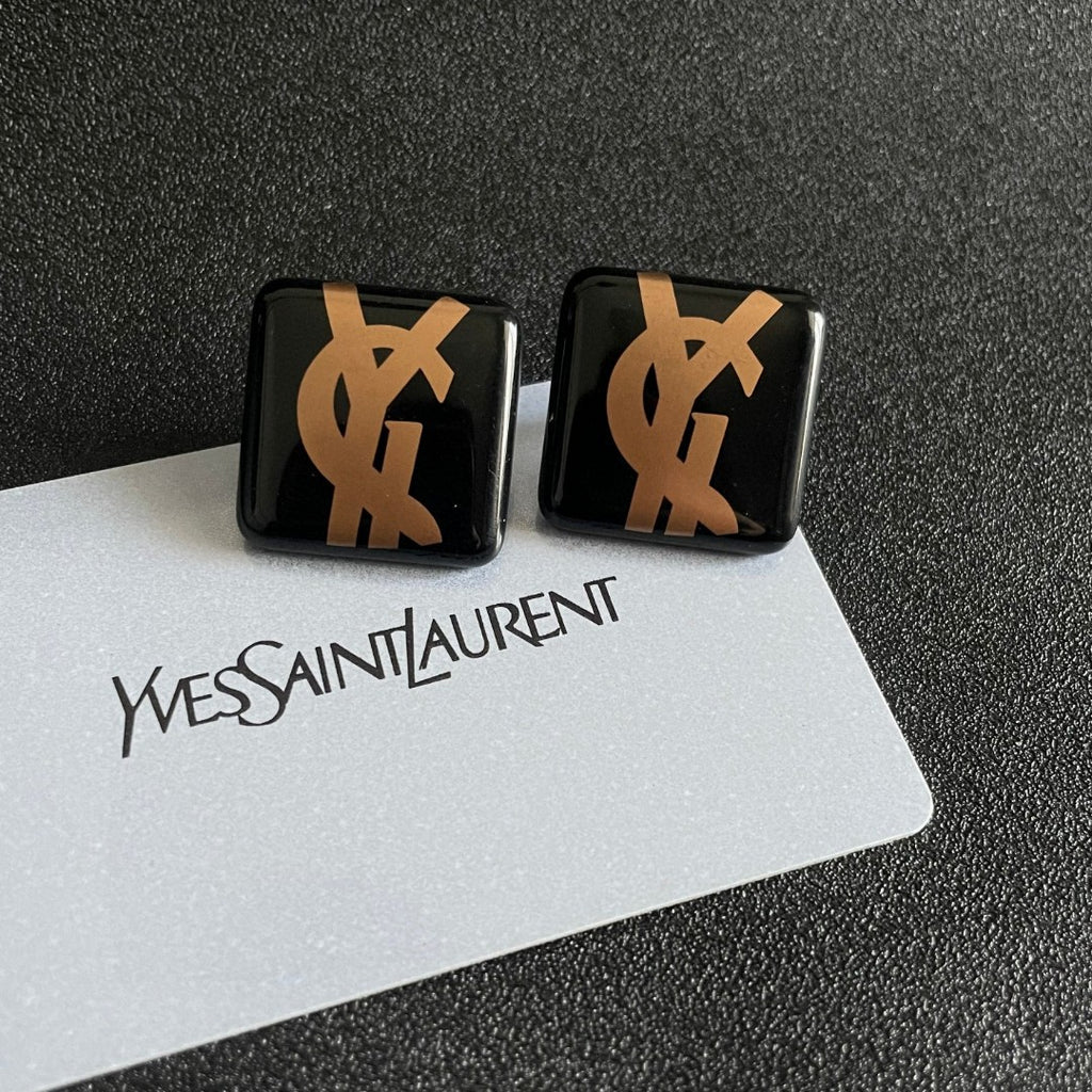 Saint Laurent Black Square Gold-Tone Monogram Stud Earrings - album image 8