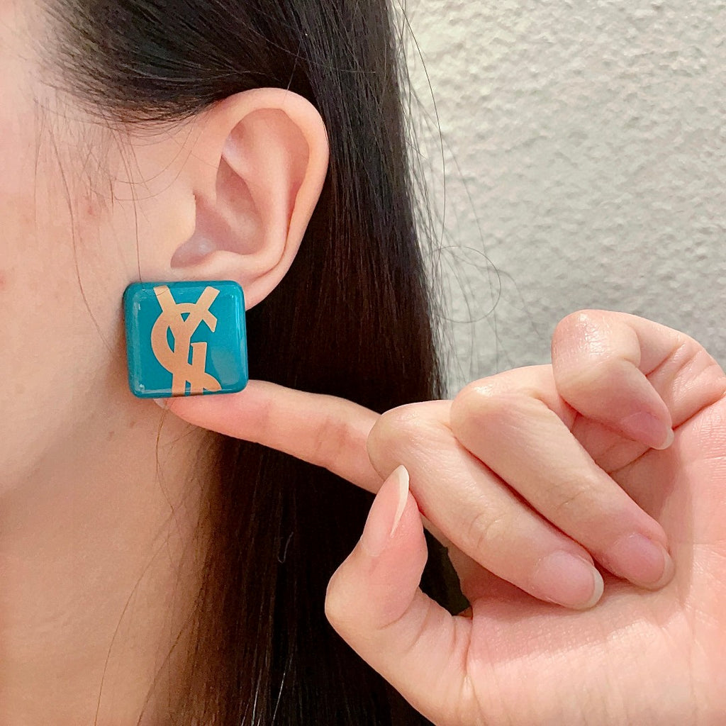 Saint Laurent Turquoise Square Gold-Tone Monogram Stud Earrings - album image 2