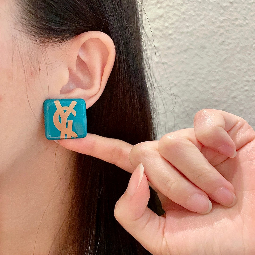 Saint Laurent Turquoise Square Gold-Tone Monogram Stud Earrings - album image 2