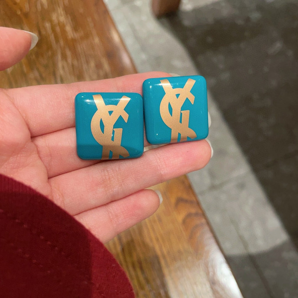 Saint Laurent Turquoise Square Gold-Tone Monogram Stud Earrings - album image 4