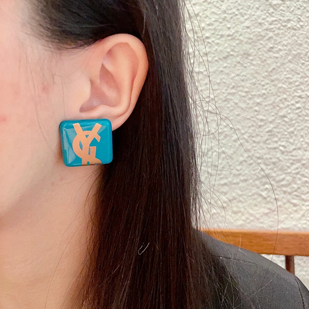 Saint Laurent Turquoise Square Gold-Tone Monogram Stud Earrings - album image 3