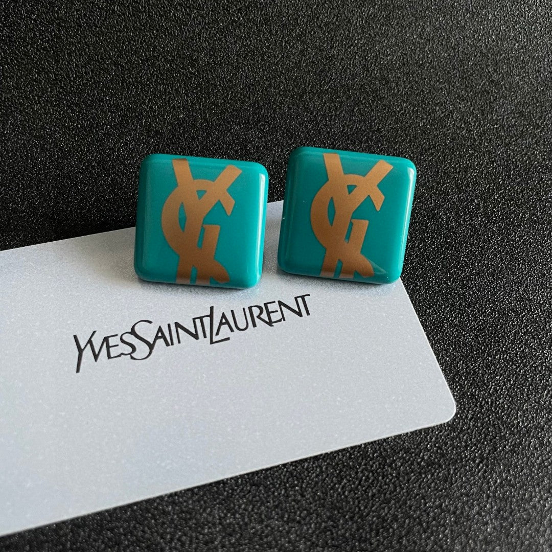 Saint Laurent Turquoise Square Gold-Tone Monogram Stud Earrings - album image 8