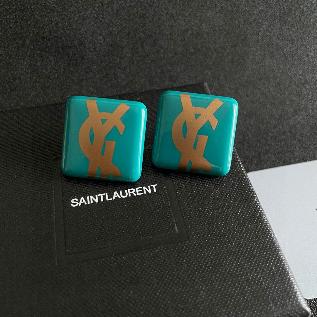 Saint Laurent Turquoise Square Gold-Tone Monogram Stud Earrings - album image 9