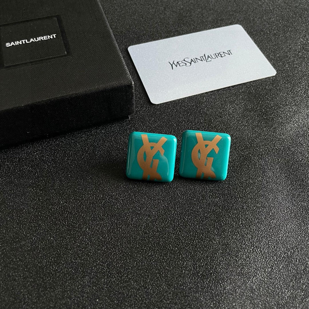 Saint Laurent Turquoise Square Gold-Tone Monogram Stud Earrings - album image 6