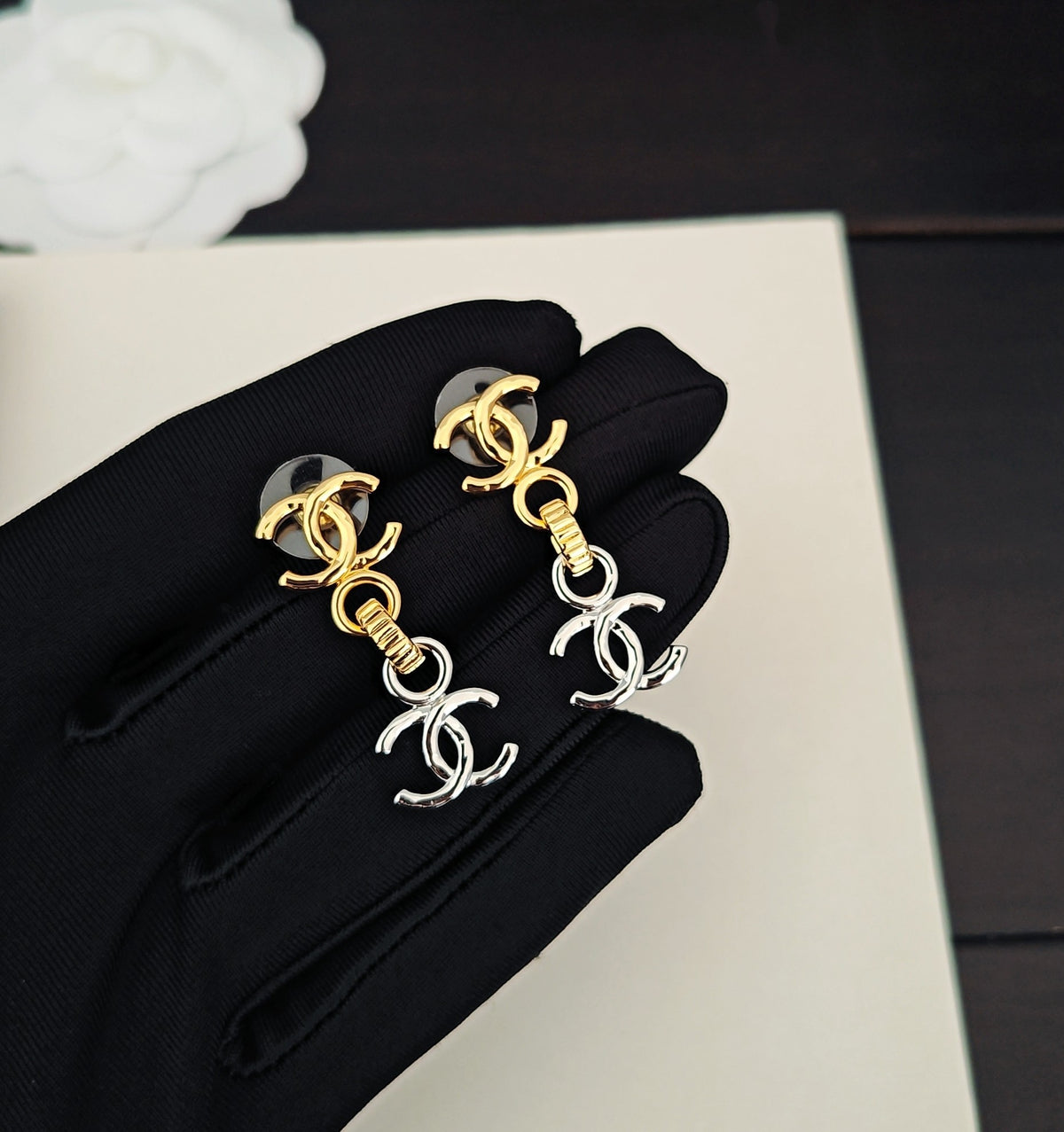 Chanel Gold-Tone Letter and Oval Pearl Drop Earrings - album image 3