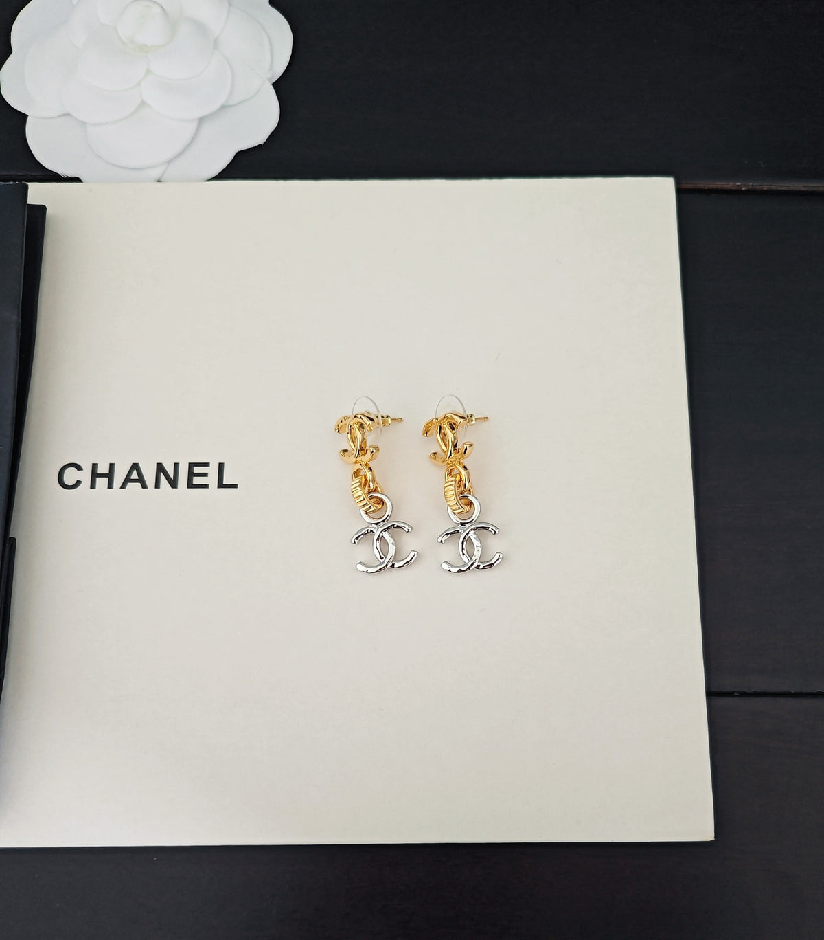 Chanel Gold-Tone Letter and Oval Pearl Drop Earrings - album image 4