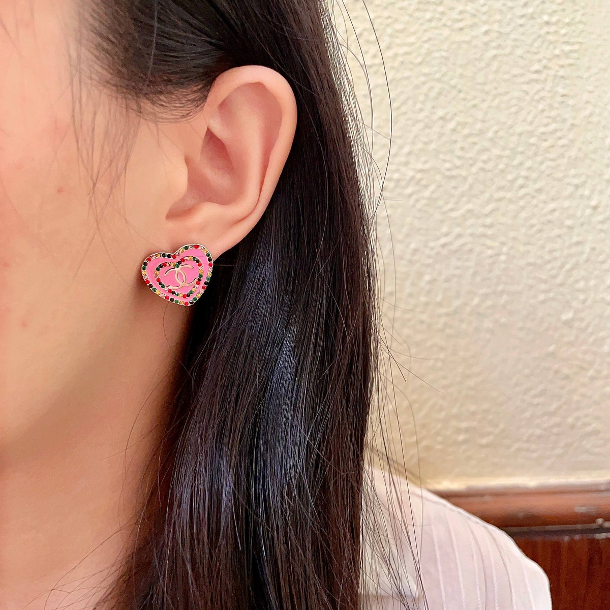 Chanel Interlocking C Heart Crystal Accent Stud Earrings - album image 3