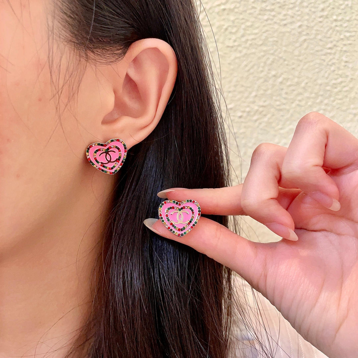 Chanel Interlocking C Heart Crystal Accent Stud Earrings - album image 1