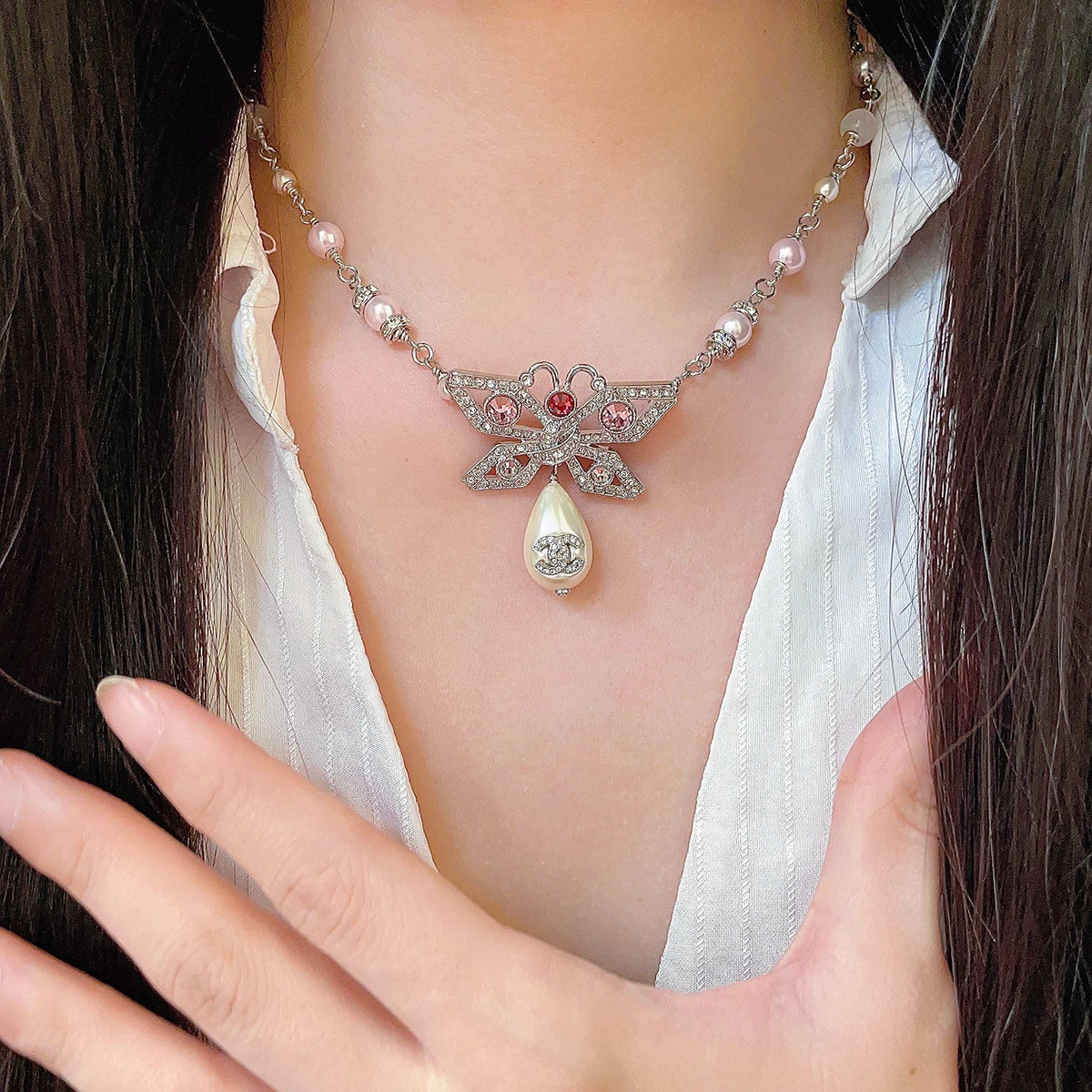 Chanel Interlocking C Bow Butterfly Pearl Crystal Accent Necklace - album image 2