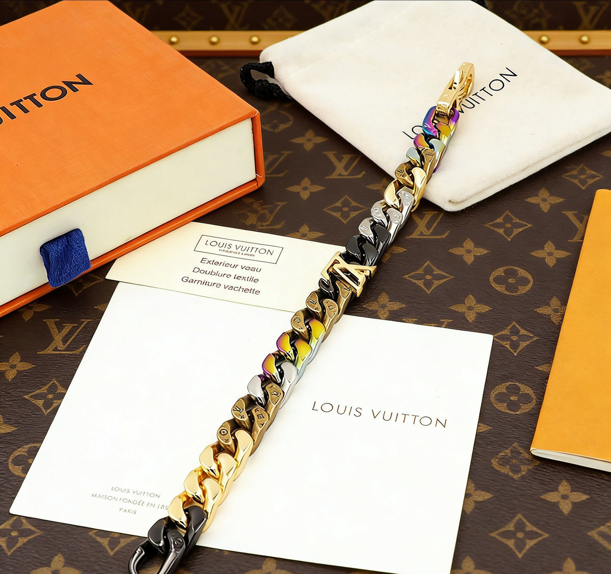 Louis Vuitton Chain Links Patches Multicolor Monogram V Letter LV Letter Bracelet - album image 5