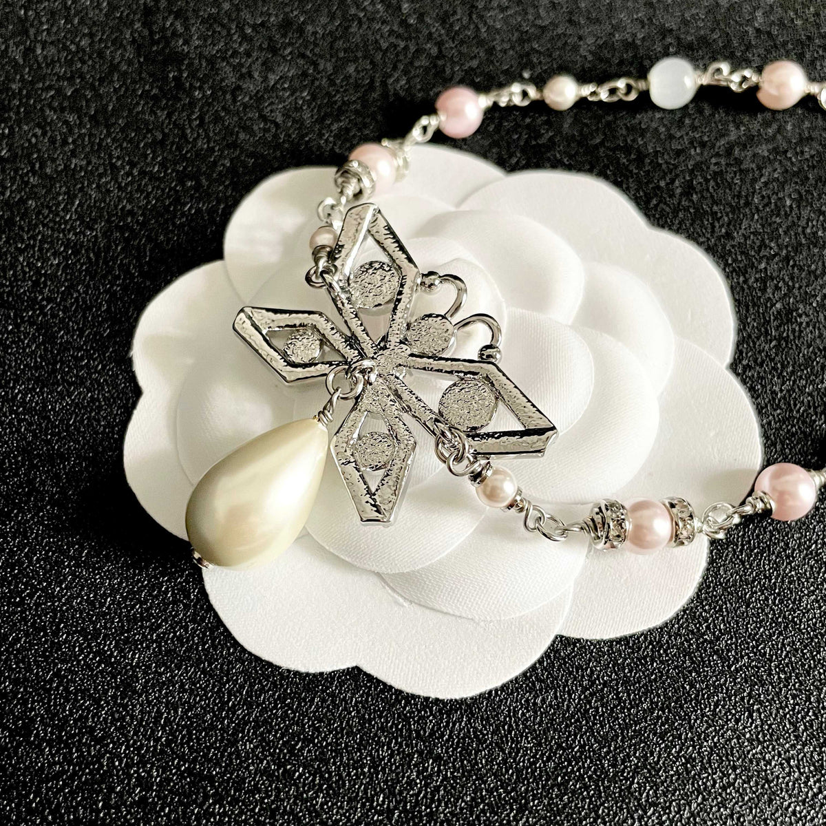 Chanel Interlocking C Bow Butterfly Pearl Crystal Accent Necklace - album image 8