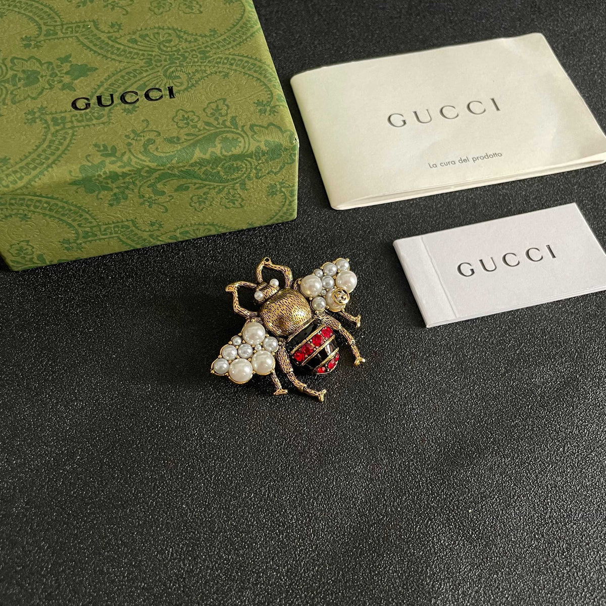 Gucci Gold-Tone Bee and Green Crystal Brooch - album image 6