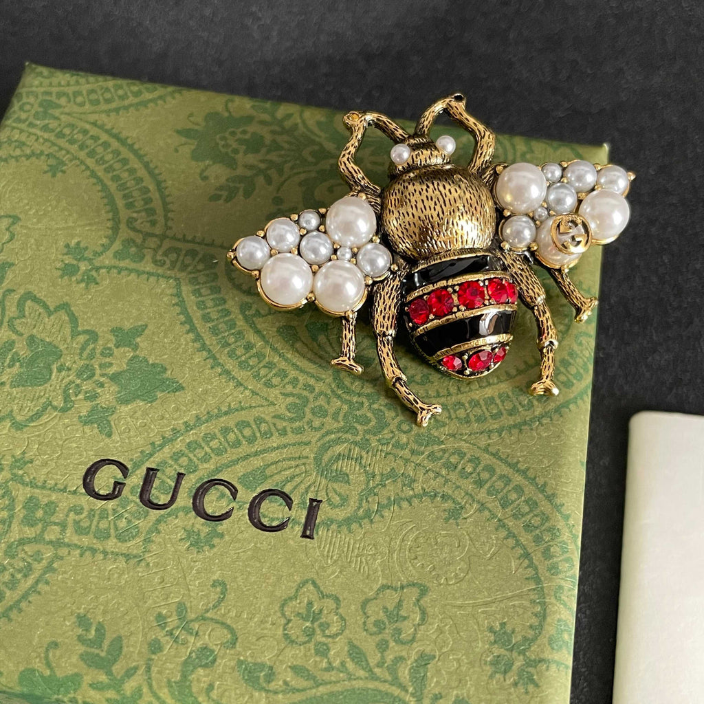 Gucci Gold-Tone Bee and Green Crystal Brooch - album image 9
