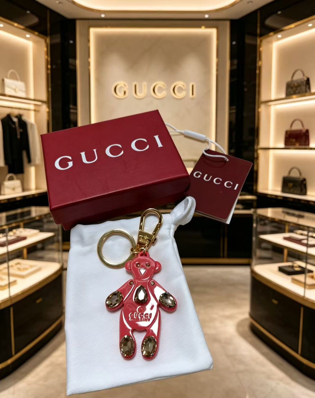 Gucci Key Gold-Tone Pink Crystal Accent Bag Charm - album image 3