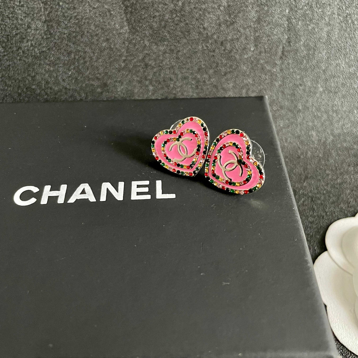 Chanel Interlocking C Heart Crystal Accent Stud Earrings - album image 9