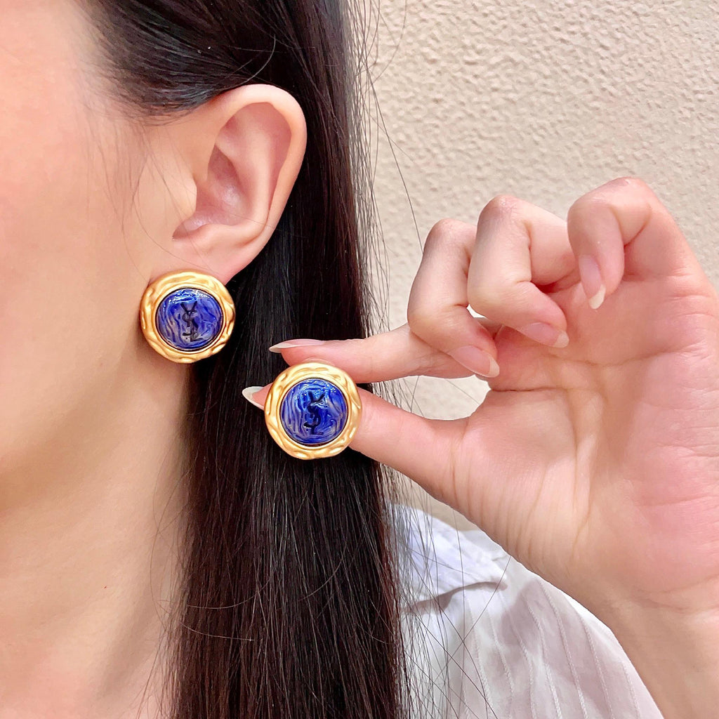 Saint Laurent Gold-Tone Blue Round Stud Earrings - album image 1