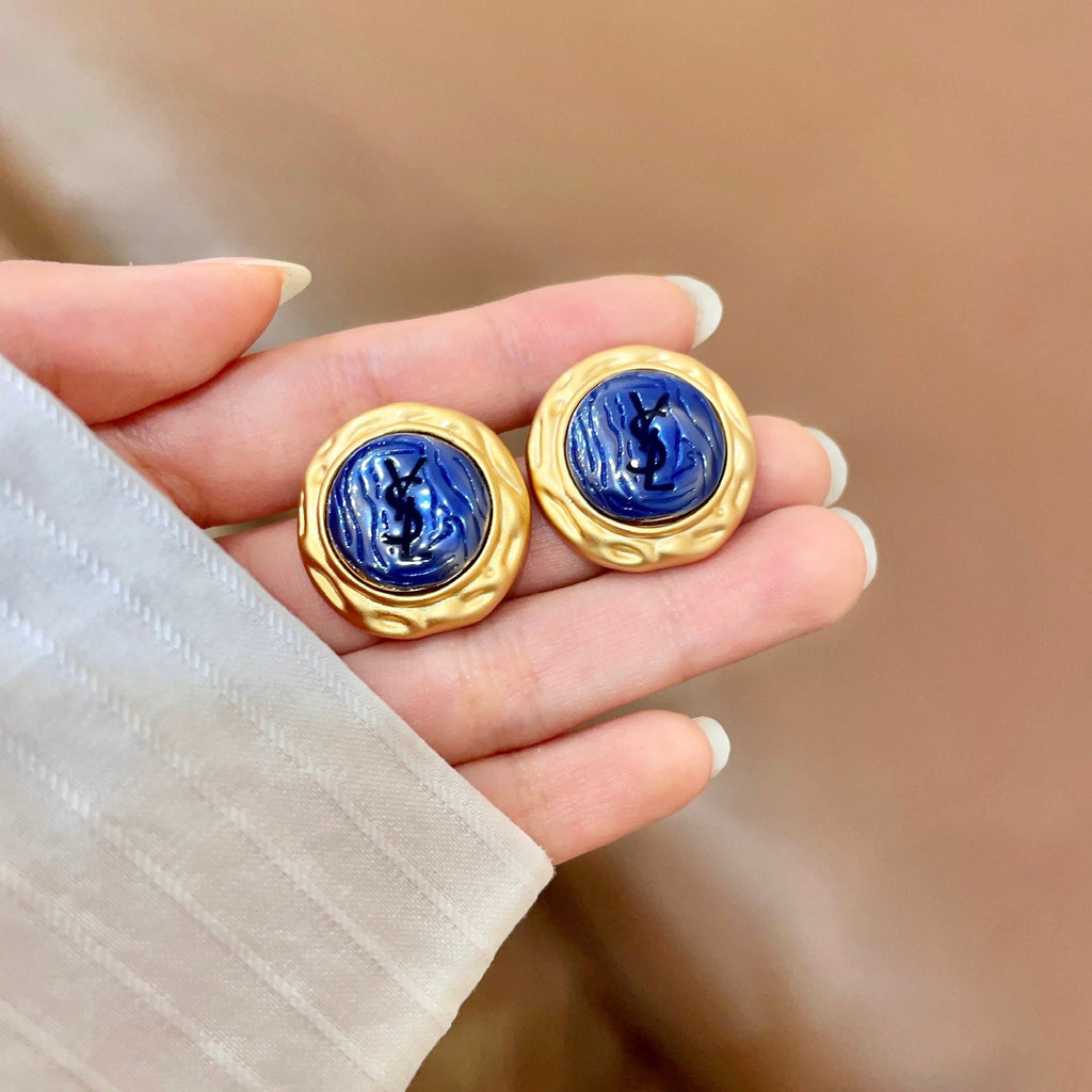 Saint Laurent Gold-Tone Blue Round Stud Earrings - album image 4