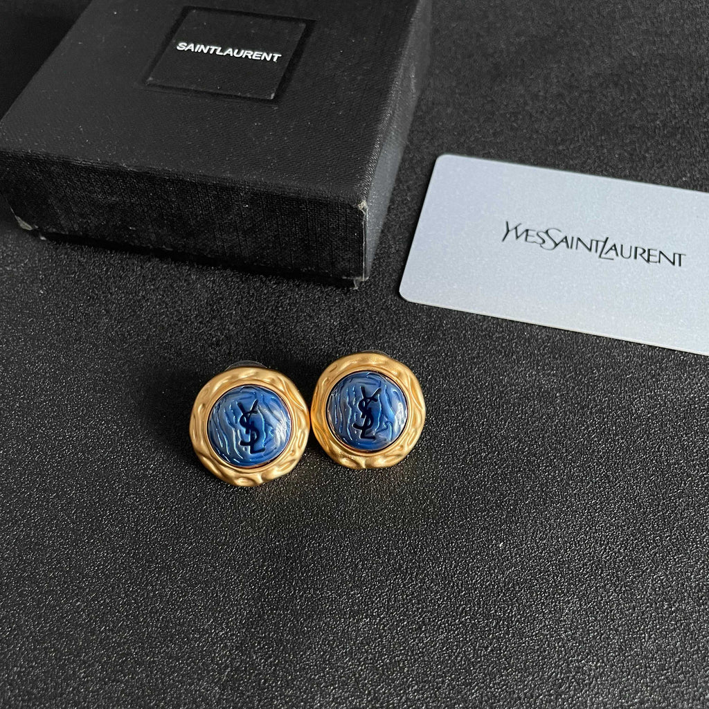 Saint Laurent Gold-Tone Blue Round Stud Earrings - album image 5