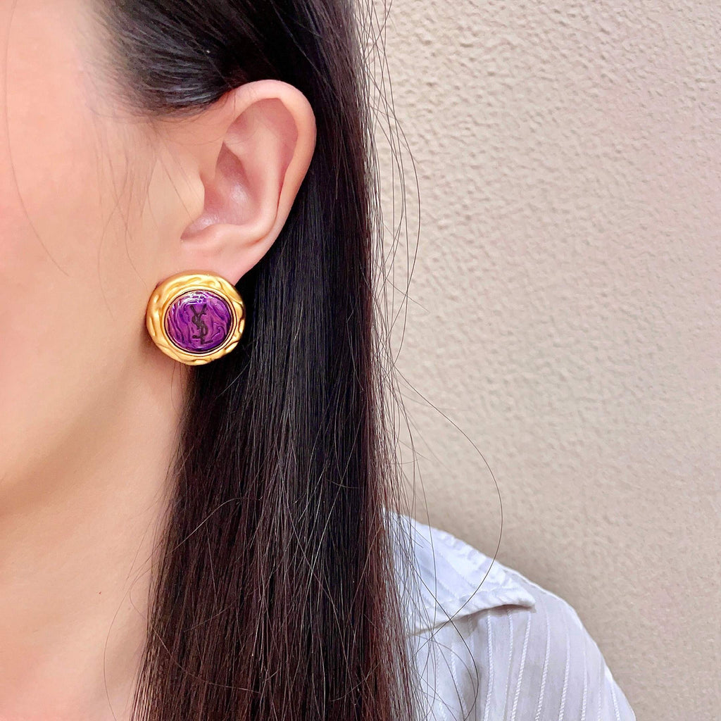 Saint Laurent Gold-Tone Purple Round Stud Earrings - album image 3