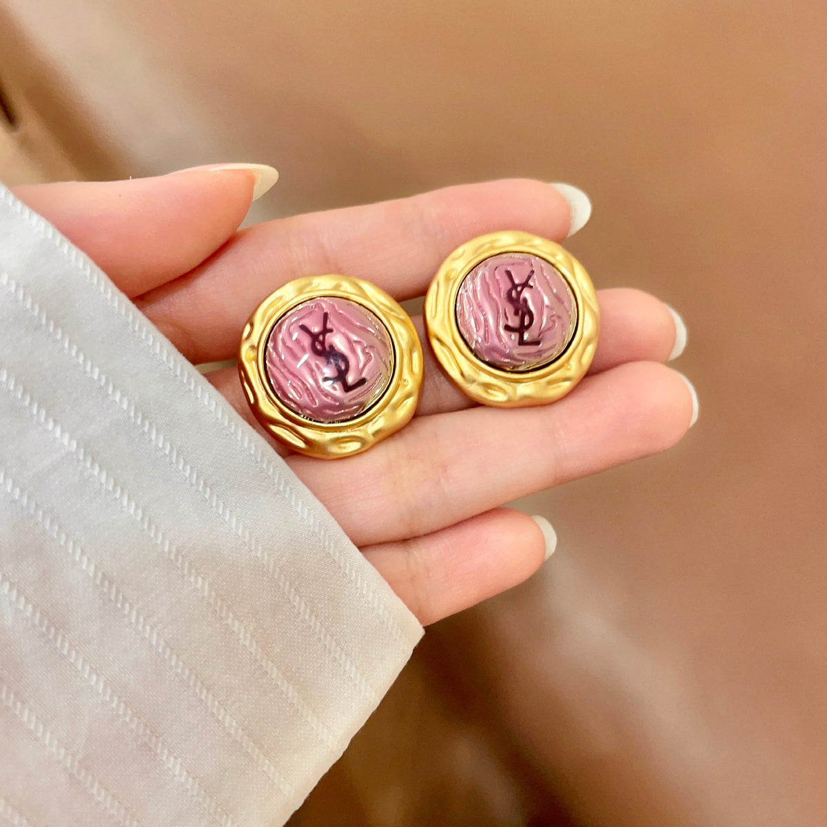 Saint Laurent Gold-Tone Pink Round Stud Earrings - album image 4