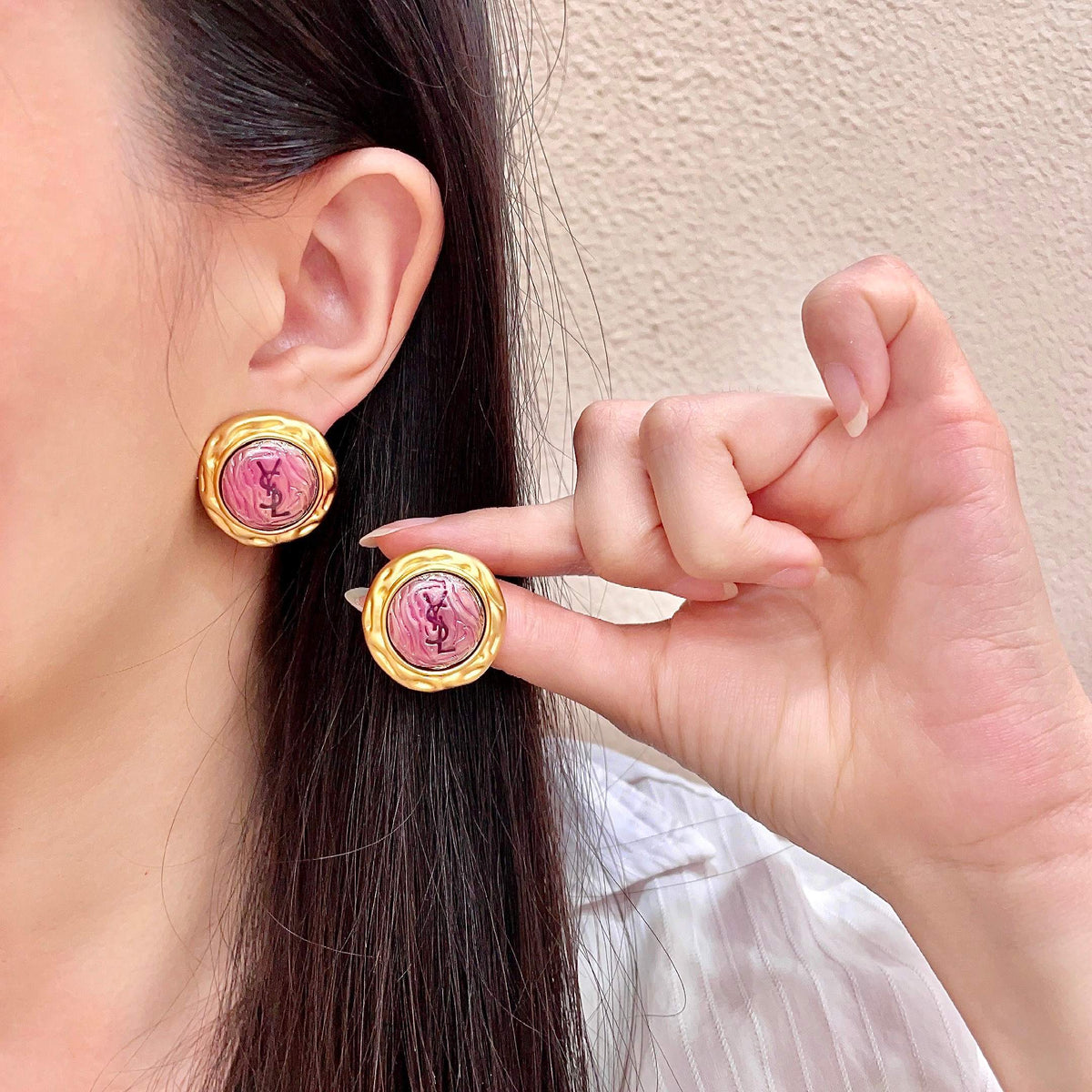 Saint Laurent Gold-Tone Pink Round Stud Earrings - album image 1