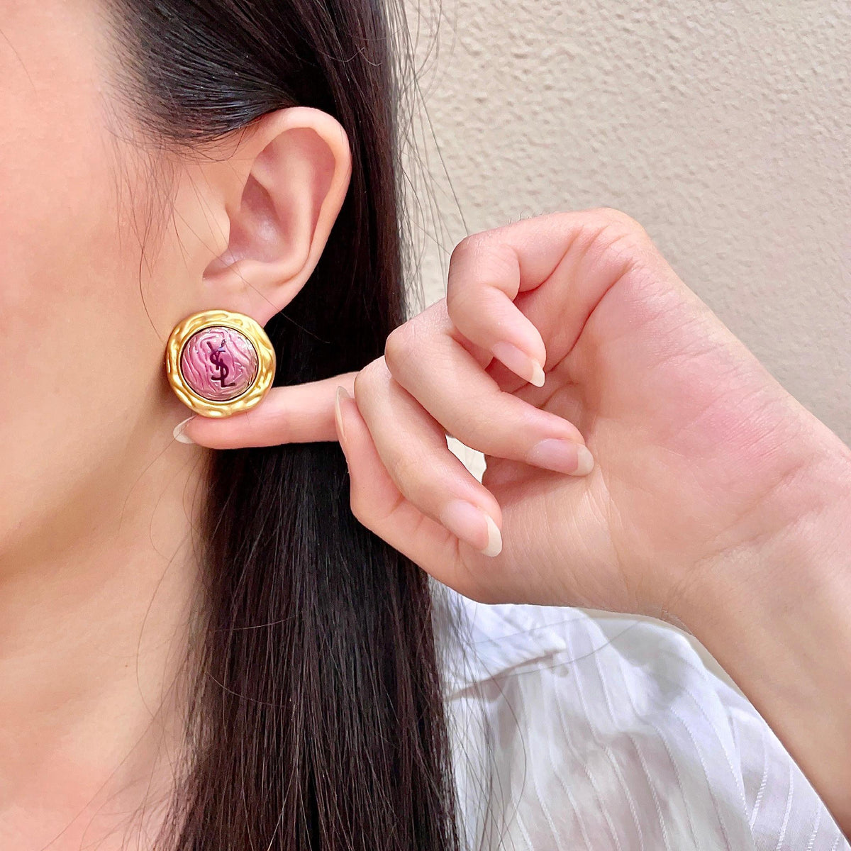 Saint Laurent Gold-Tone Pink Round Stud Earrings - album image 2