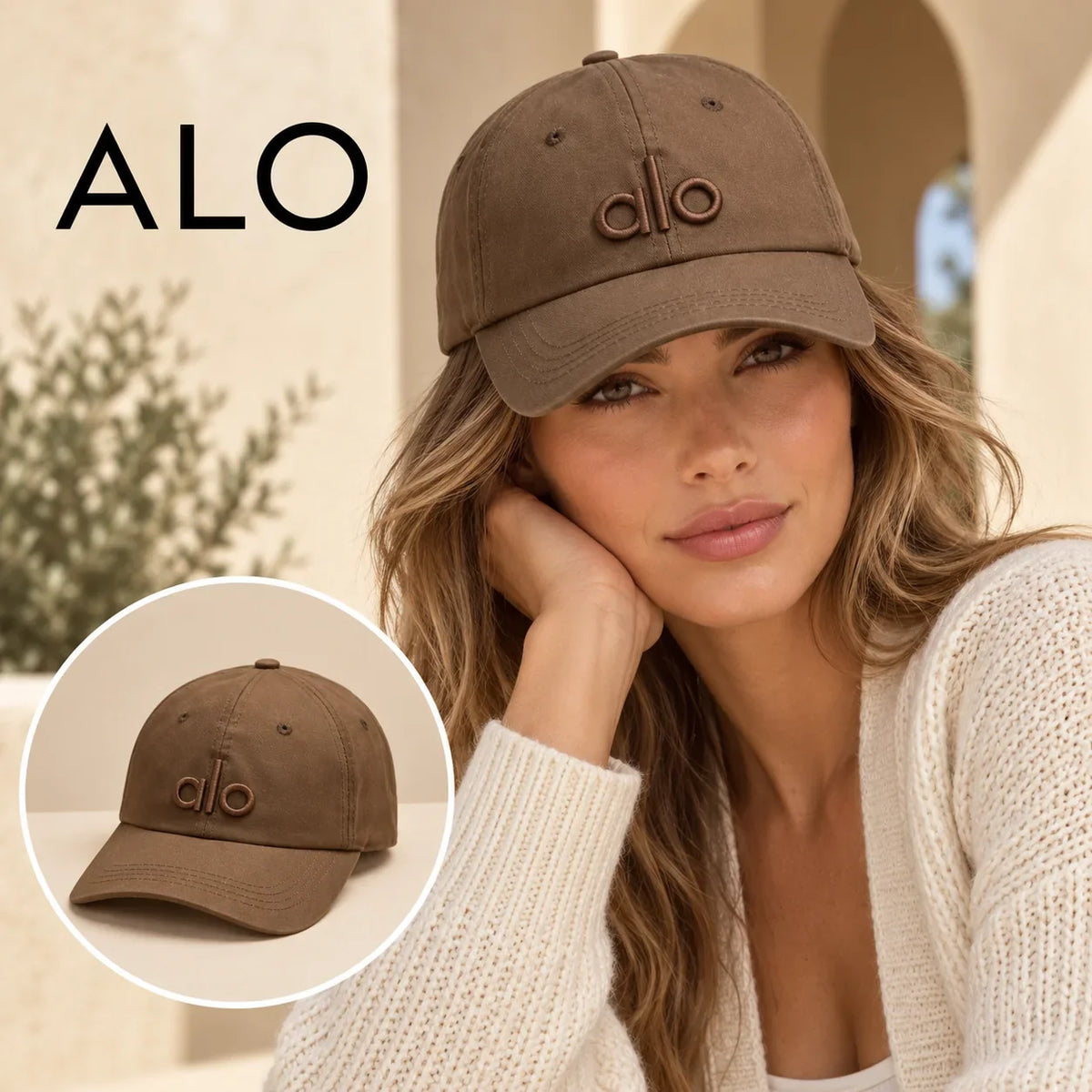 Alo Alo Baseball Cap worn by a Western model with product detail inset
