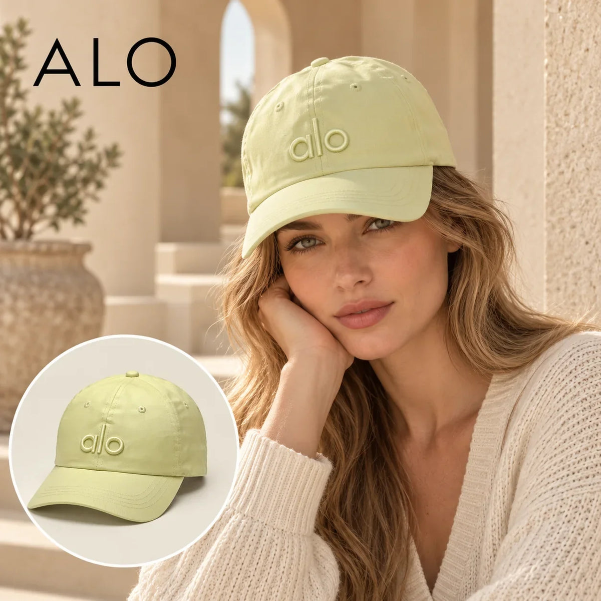 Alo Alo Baseball Cap worn by a Western model with product detail inset