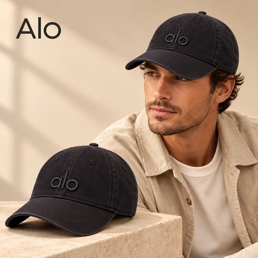Alo Baseball Cap worn by a model with matching hat close-up
