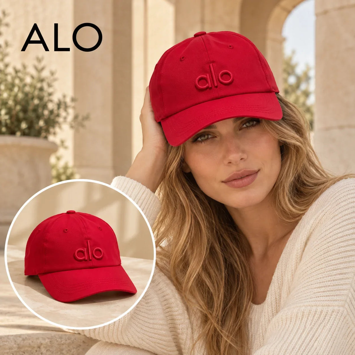 Alo Alo Baseball Cap worn by a Western model with product detail inset