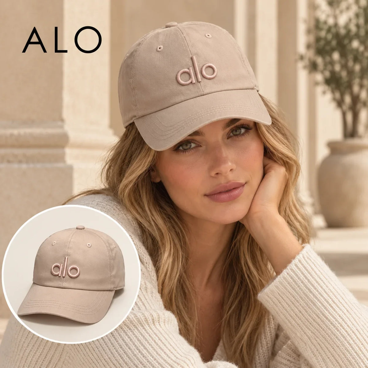 Alo Alo Baseball Cap worn by a Western model with product detail inset