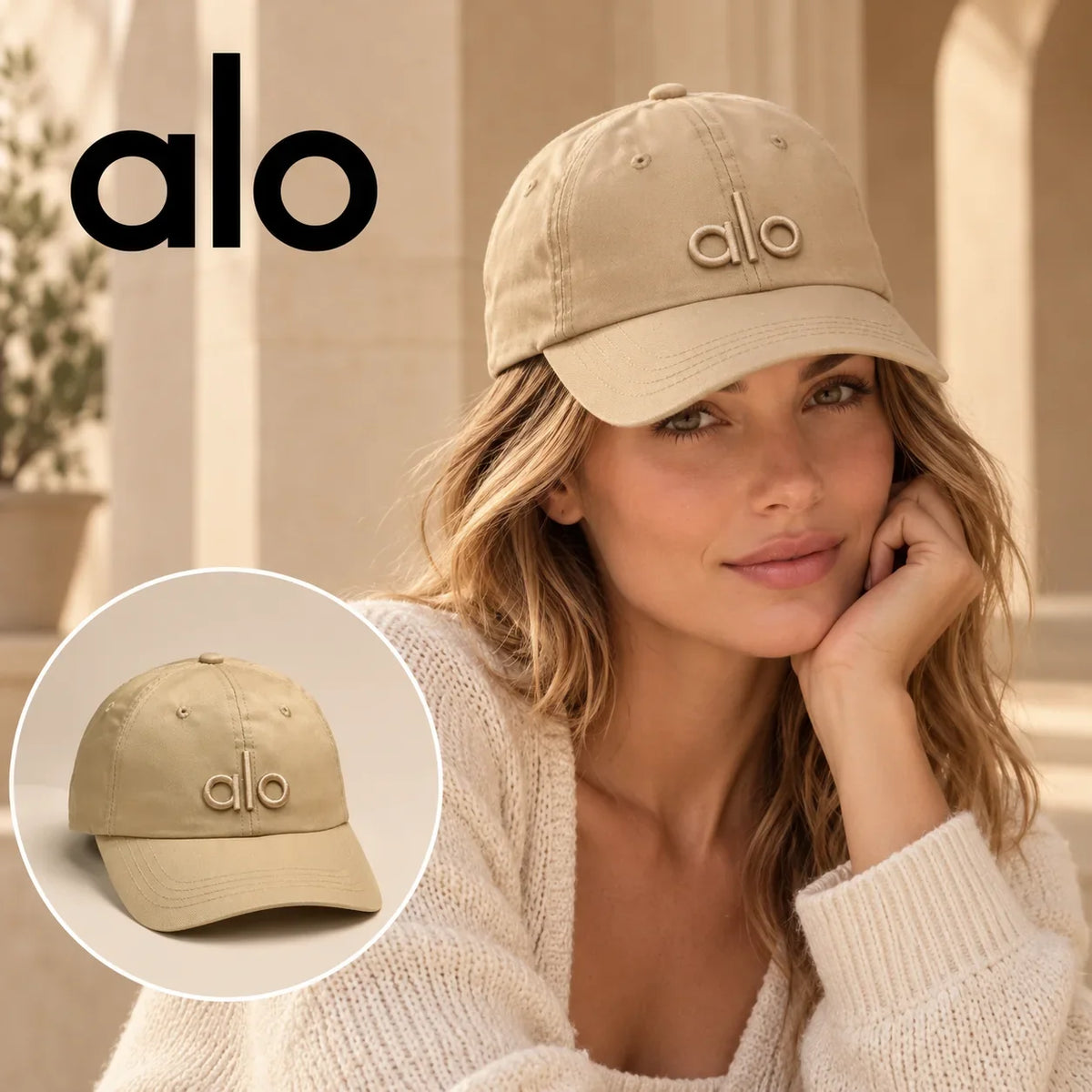 Alo Alo Baseball Cap worn by a Western model with product detail inset