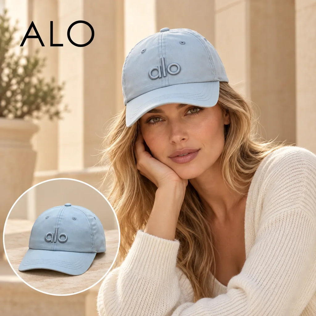 Alo Alo Baseball Cap worn by a Western model with product detail inset
