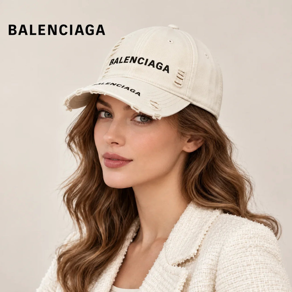 Model wearing balenciaga baseball cap on head